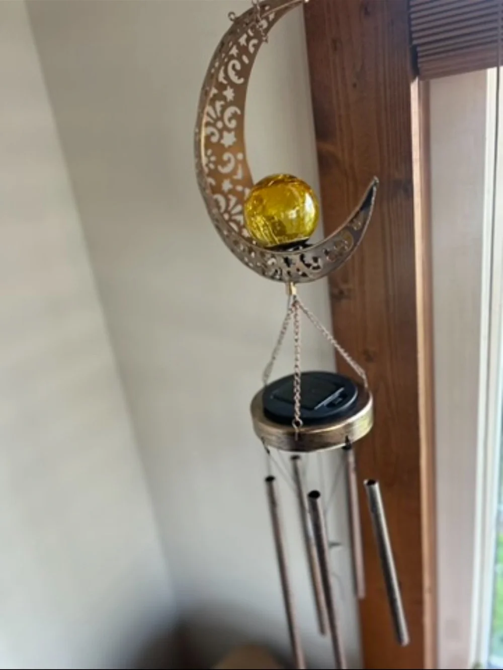 Gold Crescent Moon Wind Chime with Amber Glass Orb - Home Wall Decor